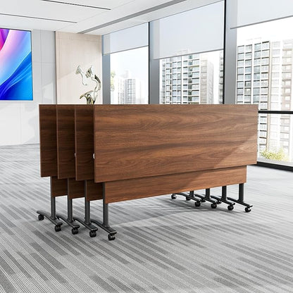 6Packs Folding Conference Table with Silent Wheels,Mobile Flip Top Meeting Room Table for Office Training and Classroom,Foldable Modular Rolling Desk for Home Office,Walnut Space-Saving Rectangular
