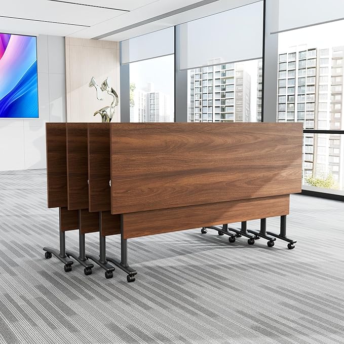 4Packs Folding Conference Table with Silent Wheels,Mobile Flip Top Meeting Room Table for Office Training and Classroom,Foldable Modular Rolling Desk for Home Office,Walnut Space-Saving Rectangular