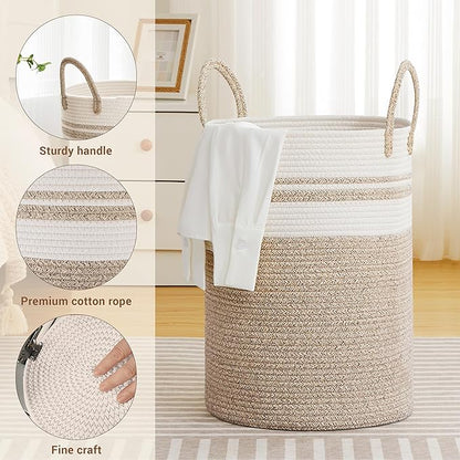 SunNewt Tall Laundry Basket with Handles, 72L Portable Dirty Clothes Hamper, Boho Cotton Rope Storage Bin for Blankets Kids Toys Gifts, Large Organizer for Baby Nursery Bedroom Bathroom, New Brown