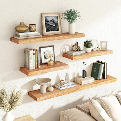 RICHFOCUS Elm Floating Shelves for Wall - 30" W x 9.3" D Rustic Solid Wood Shelves with Invisible Bracket, Wall-Mounted for Living Room, Bedroom, Kitchen Storage & Display, Set of 2, Natural