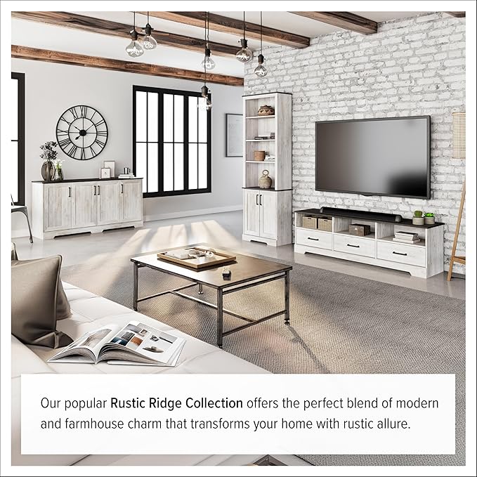 Prepac Rustic Ridge Bookcase with Doors, Washed White Storage Cabinet with Doors and Shelves, Accent Cabinet 26" W x 79.75" H x 12.5" D, ASBR-1630-1