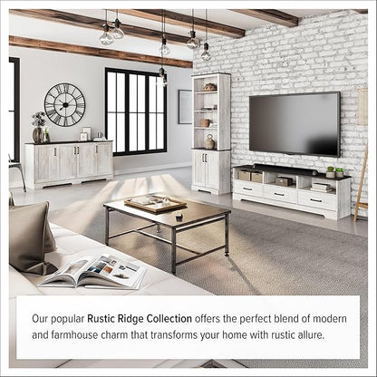 Prepac Rustic Ridge Bookcase with Doors, Washed White Storage Cabinet with Doors and Shelves, Accent Cabinet 26" W x 79.75" H x 12.5" D, ASBR-1630-1