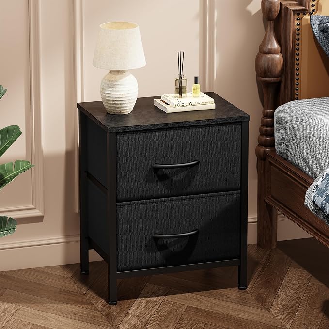 Sweetcrispy Nightstand Small Dresser with 2 Fabric Drawers Side Bedroom End Table Kids Bedside Storage Furniture for 20" Tall Night Stand for Closet, Entryway, College Dorm, Black