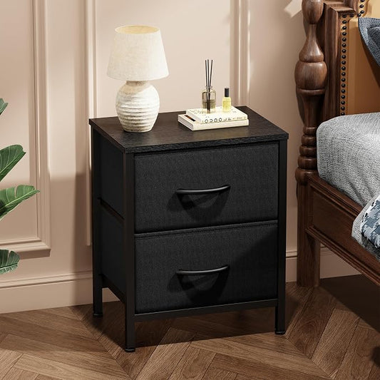Sweetcrispy Nightstand Set of 2 with 2 Storage Drawers, 20" Height Small Bed Side Furniture End Table, Wooden Top Fabric Cabinet Kids Mini Dresser for Bedroom, Closet, Entryway, College Dorm, Black