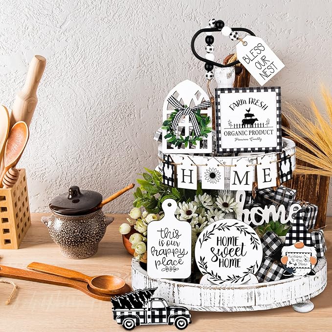 11 Pcs Home Tiered Tray Decor Buffalo Plaid Black and White Rustic Farmhouse Tiered Tray Decorations Set Home Wooden Signs Vintage Animal Tabletop Wood Signs for Kitchen Table Shelf Decor