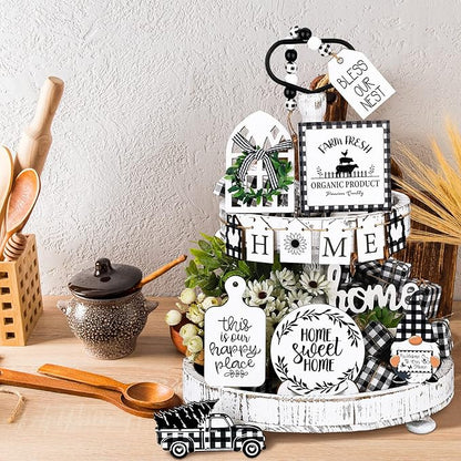 11 Pcs Home Tiered Tray Decor Buffalo Plaid Black and White Rustic Farmhouse Tiered Tray Decorations Set Home Wooden Signs Vintage Animal Tabletop Wood Signs for Kitchen Table Shelf Decor