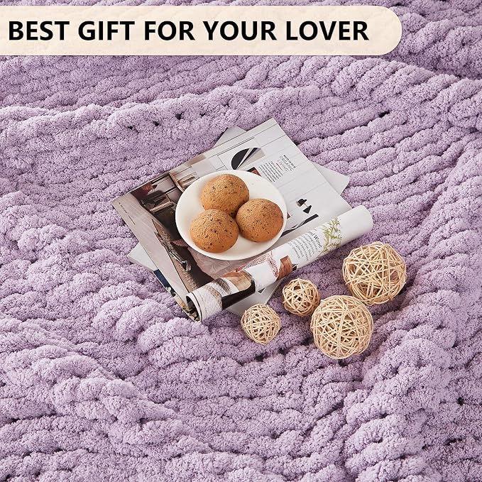 L'AGRATY Chunky Knit Blanket Throw: 72''x84'' Chenille Chunky Knitted Throw Blankets for Bed Couch - Handmade Thick Big Cable Knit Blanket - Large Crochet Rope Blankets for Home Decor(Purple)
