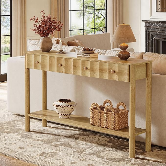 Tribesigns Console Table with 2 Drawers, 55-Inch Fluted Entryway Table, Modern Narrow Sofa Table with Open Shelf, Accent Console Furniture for Living Room, Hallway, Foyer, Light Oak