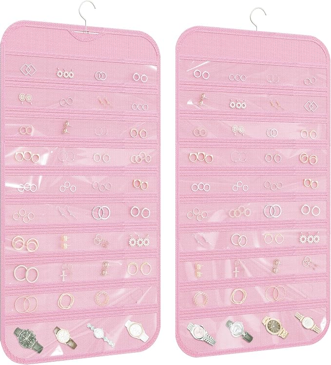 1 Pack Hanging Jewelry Organizer 80-Pocket Dual-sided Jewelry Storage for Earring Necklace Bracelet Ring Travel Holder, Pink