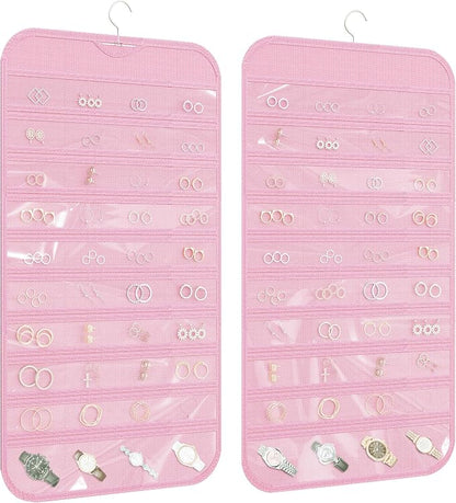 1 Pack Hanging Jewelry Organizer 80-Pocket Dual-sided Jewelry Storage for Earring Necklace Bracelet Ring Travel Holder, Pink