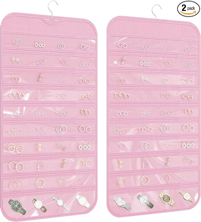 2 Pack Hanging Jewelry Organizer 80-Pocket Dual-sided Jewelry Storage for Earring Necklace Bracelet Ring Travel Holder, Pink