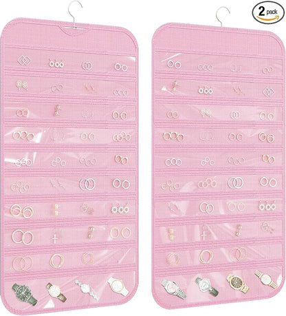 2 Pack Hanging Jewelry Organizer 80-Pocket Dual-sided Jewelry Storage for Earring Necklace Bracelet Ring Travel Holder, Pink