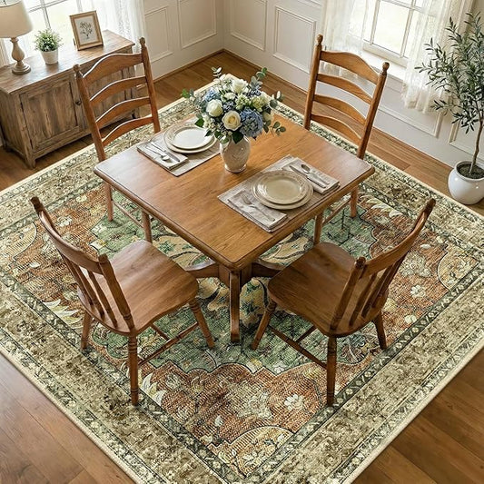 RELEANY Area Rugs Square 7ft Washable Non-Slip, Floral Vintage Distress Medallion Carpet for Living Room Bedroom Dining Room, Terracotta Burnt Orange Green
