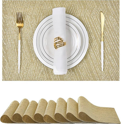 Leetaltree Gold Placemats Set of 8 - Heat Resistant Non-Slip Place mats for Dining Table, Washable Durable PVC Vinyl Woven Table Mats(Luxury Gold, 8)