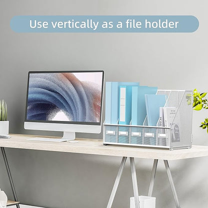 SUPEASY Desk Organizers Metal Desk Magazine File Holder with 5 Vertical Compartments Rack File Organizer for Office Desktop, Classroom, Home Workspace, White