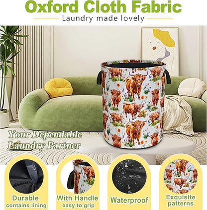 Highland Cow Laundry Basket Funny Cattle Foldable Waterproof Oxford Cloth Tote Bag Laundry Hamper Round Large Clothes Storage Bucket Toy Organizer For Bathroom/Laundry Storage/Bedroom 18.9x16.5 Inch