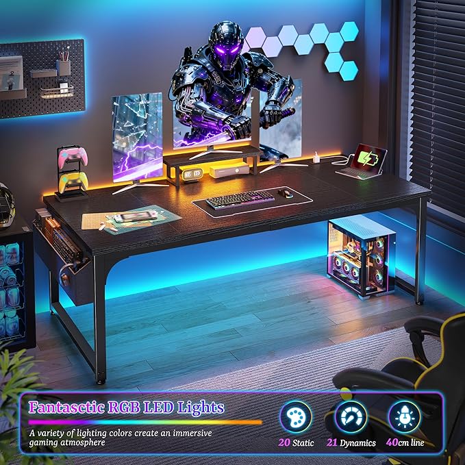 63 Inch Gaming Desk with 0.95 Inch Thicker Desktop, Computer Desk with Power Outlets & Monitor Stand & LED Light & Storage Bag, Office Writing Desk for Home Office, Study, Bedroom, Black