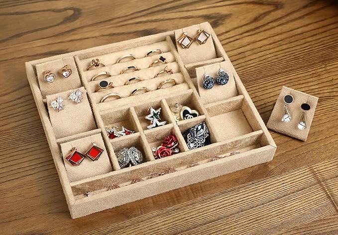 Solid Walnut Wood Jewelry Box with Lock, 2-Layer Vintage Jewelry Organizer for Men Women, Velvet-Lined Storage Chest with Key Lock (Khaki)