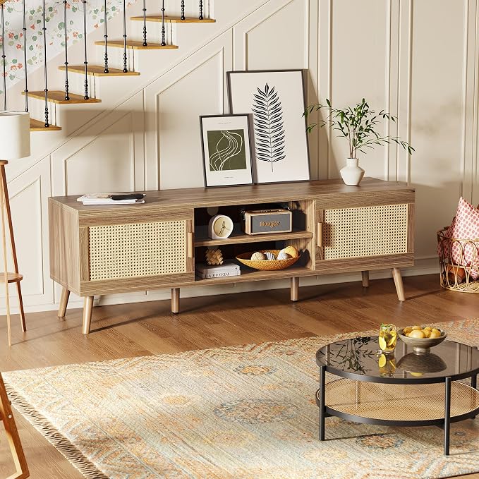 SUPERJARE Boho TV Stand for 65 Inch TV, Entertainment Center with Adjustable Shelf, Rattan TV Console with 2 Cabinets, Media Console, Solid Wood Feet, 4 Cord Holes, for Living Room, Walnut