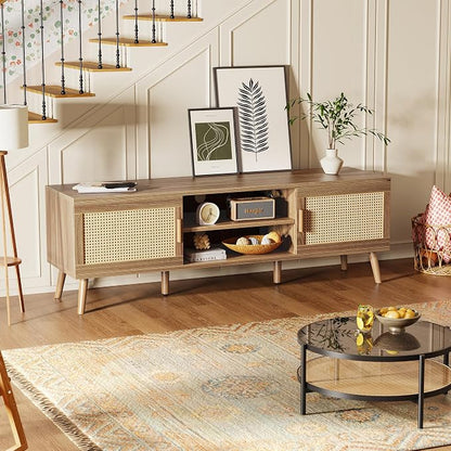 SUPERJARE Boho TV Stand for 65 Inch TV, Entertainment Center with Adjustable Shelf, Rattan TV Console with 2 Cabinets, Media Console, Solid Wood Feet, 4 Cord Holes, for Living Room, Walnut