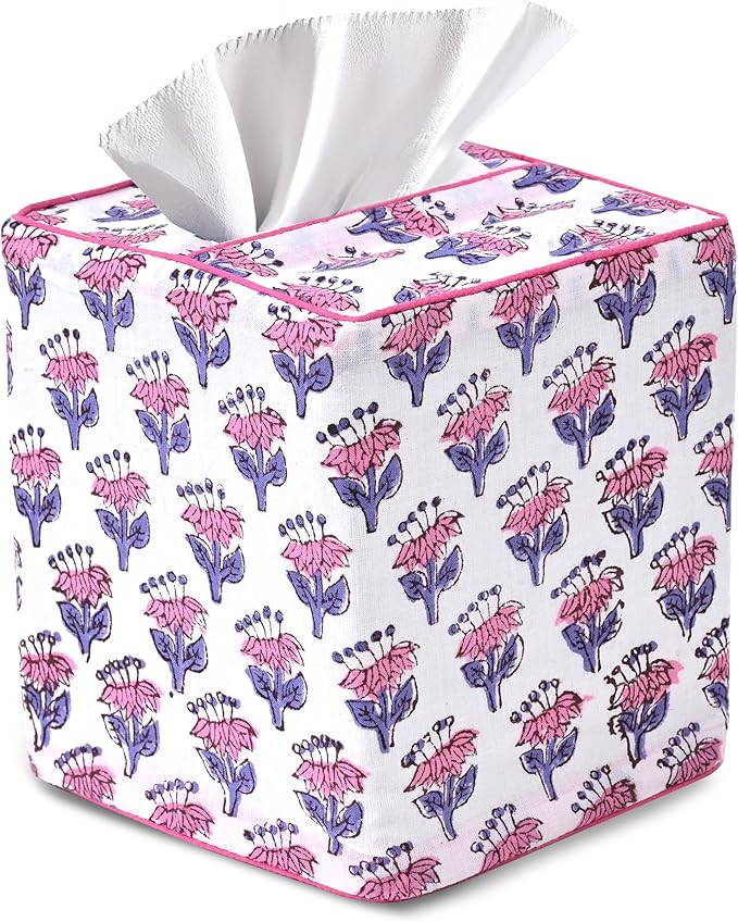 CPC Pink Sapphire Hand Block Printed Cotton Tissue Box Cover 5" x 5" x 5.5" Square Soft Reusable Boho Napkin Holder for Home Kitchen Dining Bathroom Office Cafe Spa Summer Thanksgiving