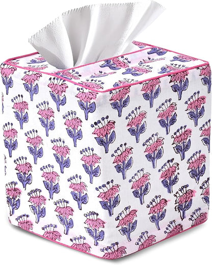 CPC Pink Sapphire Hand Block Printed Cotton Tissue Box Cover 5" x 5" x 5.5" Square Soft Reusable Boho Napkin Holder for Home Kitchen Dining Bathroom Office Cafe Spa Summer Thanksgiving