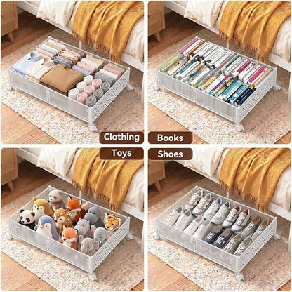 Under Bed Storage, Under the Bed Storage Containers with Wheels, Under Bed Shoe Storage Organizer Drawer, Tool-free Assembly Metal Underbed Storage for Bedroom Clothes Shoes Blankets-2 Pack White