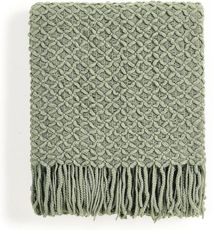 CREVENT Farmhouse Boho Knitted Throw Blanket for Couch Sofa Chair Bed Home Decoration, Soft Warm Cozy Light Weight for Spring Summer Fall (50''X60'' Sage Green)