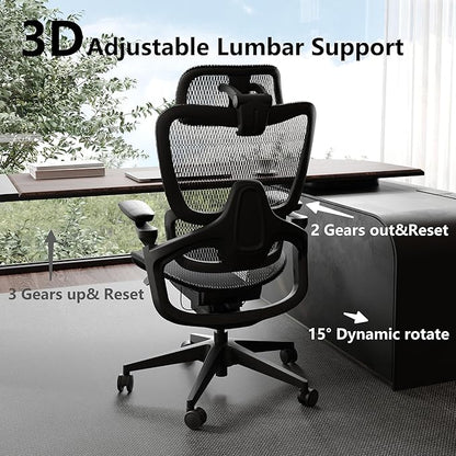 Ergonomic Office Chair, Big and Tall Home Desk Chair with Adjustable 3D Lumbar Support, 5D Armrest, 4D armrests, Mesh Computer Chair,90-130°Tilt, Model Zen (All Black)