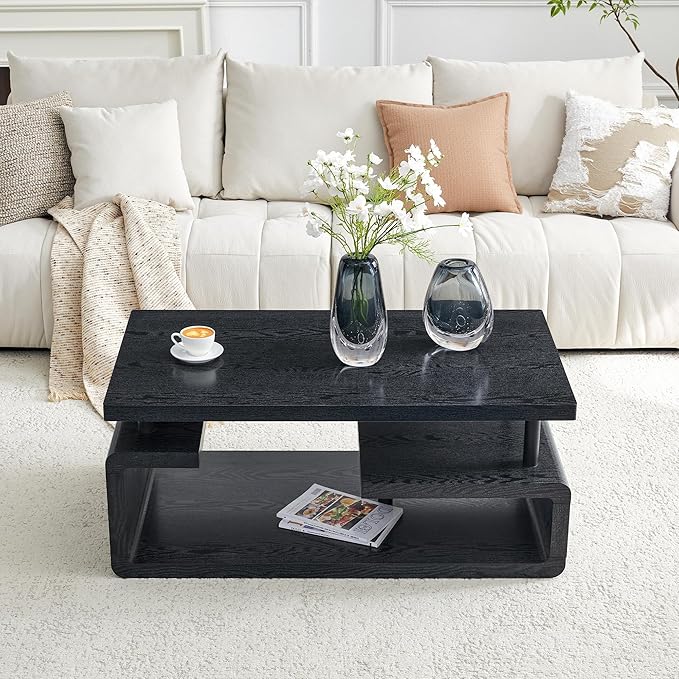 43.5" Coffee Table, 3-Tier Modern Center Table with Storage, Large Wood Coffee Table for Living Room, Office, Apartment (Black)
