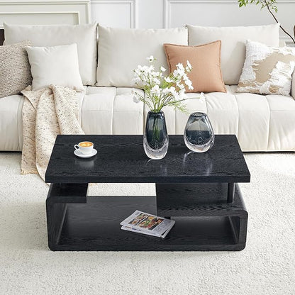 43.5" Coffee Table, 3-Tier Modern Center Table with Storage, Large Wood Coffee Table for Living Room, Office, Apartment (Black)