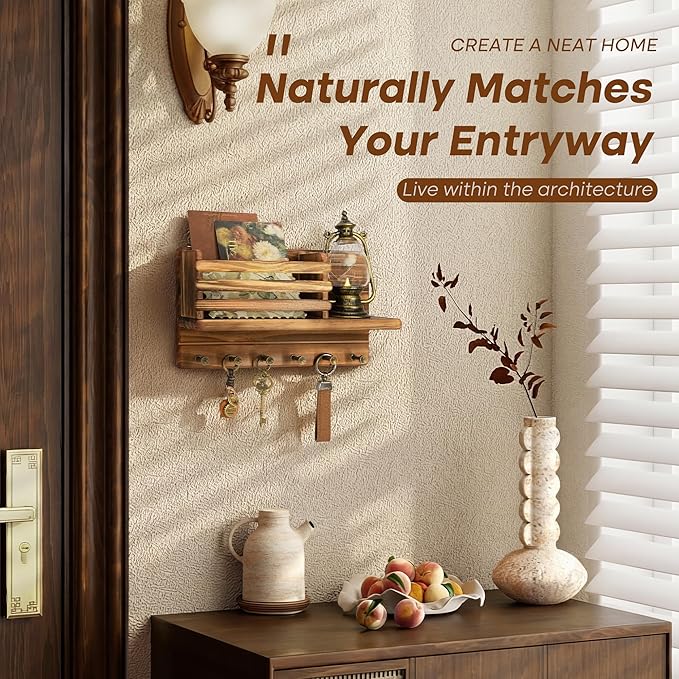 Rebee Vision Pine Wood Key Holder Wall Mount - Key Holder for Wall with Mail Slot Can Store Letters and Papers - Rustic Farmhouse Room Decor for Entryway, Living Room(Retro Brown)