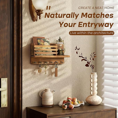 Rebee Vision Pine Wood Key Holder Wall Mount - Key Holder for Wall with Mail Slot Can Store Letters and Papers - Rustic Farmhouse Room Decor for Entryway, Living Room(Retro Brown)
