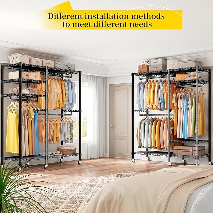 Raybee 79" H Clothes Rack Heavy Duty with Wheels, Clothing Rack for Hanging Clothes Rolling Portable Closet, 45" Wx17 Dx79 H,Black