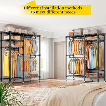 Raybee 79" H Clothes Rack Heavy Duty with Wheels, Clothing Rack for Hanging Clothes Rolling Portable Closet, 45" Wx17 Dx79 H,Black