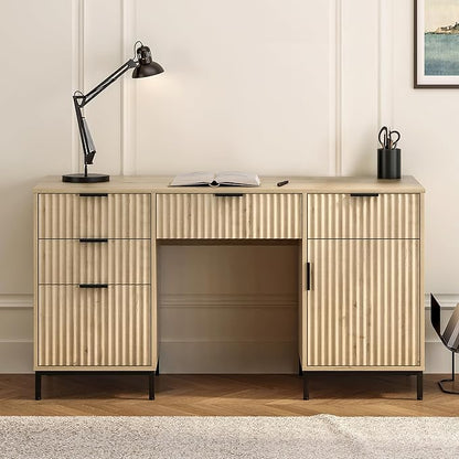 55" Large Fluted Executive Desk with File Drawer, Computer Desk with Storage and Charging Station, Modern Wooden Home Office Desk for Workspace, Writing, Study, Light Oak