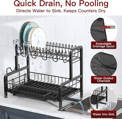 BOOSINY 2 Tier Black Dish Drainer Drying Rack and Drainboard Set, Large Stainless Steel Dish Dryer for Kitchen Counter Space Saving, Big Rustproof Metal Plate Strainer with Utensil Holder & Cup Holder