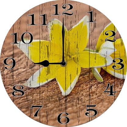 Yellow Flower Wall Clock 10 Inch Silent Non Ticking Battery Operated Wooden Modern Office Simple Minimalist Clock Decorative for Kitchen Home Bathroom Living Room