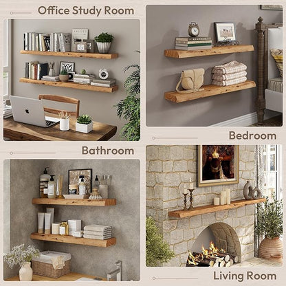 Marsmiles 24 inch Floating Shelves for Wall Elm Wood Live Edge Shelves|Rustic Wall Shelves with Invisible Heavy-Duty Bracket for Bathroom Living Room Kitchen|Natural, 2 Pack
