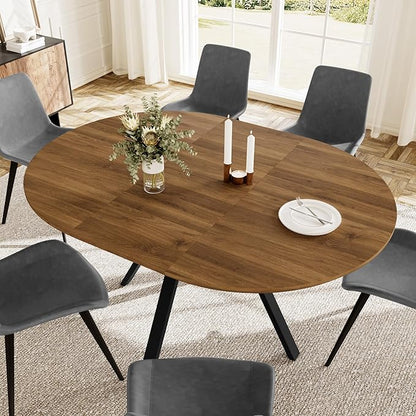 Extendable Round Dining Table Set for 6 People, 43.3"-59.1" Extendable Kitchen Table with 6 Upholstered Chairs, Space Saving for Kitchen Dining Room (Walnut Table+6 Grey Chairs)