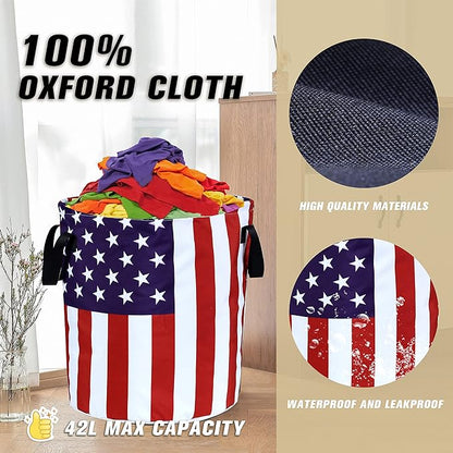 American Flag Laundry Basket Foldable Oxford Cloth Funny Tote Bag Laundry Hamper Clothes Storage Bucket Organizer For Bathroom/Laundry Storage/Bedroom Storage Basket 17.7x13.7 Inch