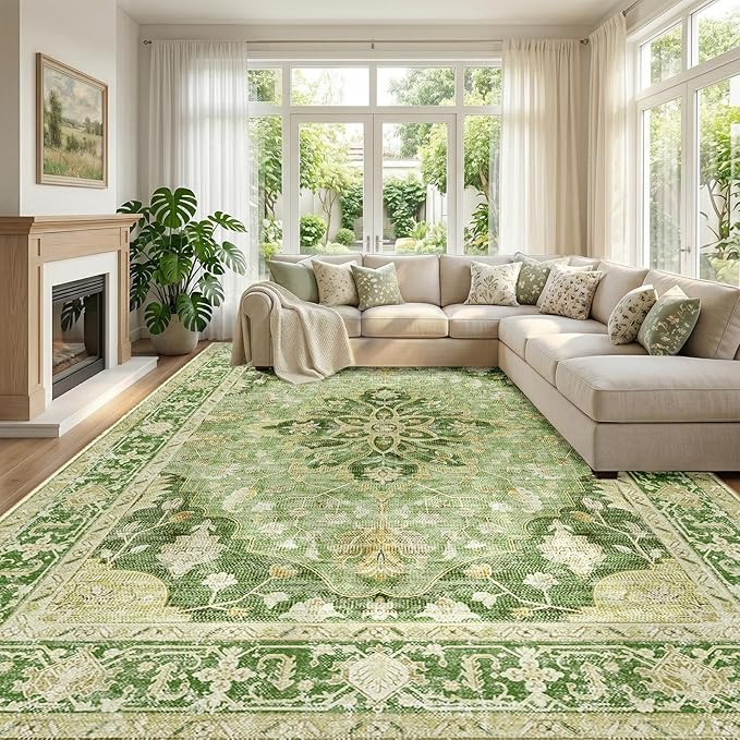 RELEANY Area Rugs Large 10'x12' Washable Non-Slip, Floral Vintage Distress Medallion Carpet for Living Room Bedroom Dining Room, Sage Green Yellow
