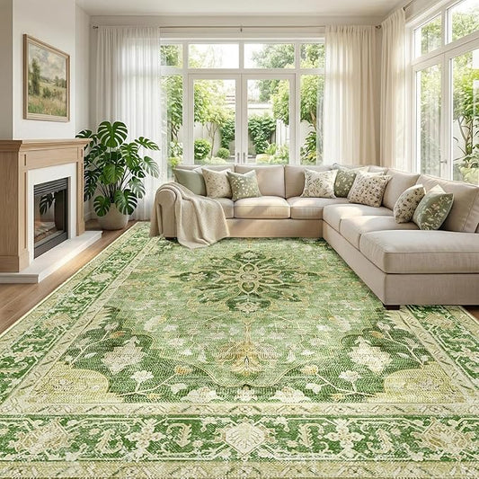 RELEANY Area Rugs Large 10'x12' Washable Non-Slip, Floral Vintage Distress Medallion Carpet for Living Room Bedroom Dining Room, Sage Green Yellow