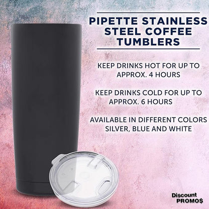 DISCOUNT PROMOS Pipette Stainless Steel Coffee Tumblers 20 oz. Set of 6, Bulk Pack - Double Wall, Perfect for Coffee, Hot Cocoa, Other Hot & Cold Beverages - Black