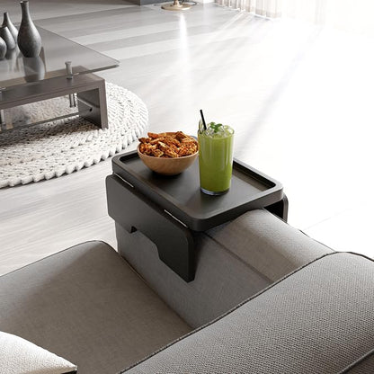 HOLANA Acacia Wood Sofa Armrest Tray - 13.75 x 9.5in Double Hinge Sofa Arm Tray Table Clip - Couch Arm Table - Wooden Side Tables for Eating and Drink (Black Color)