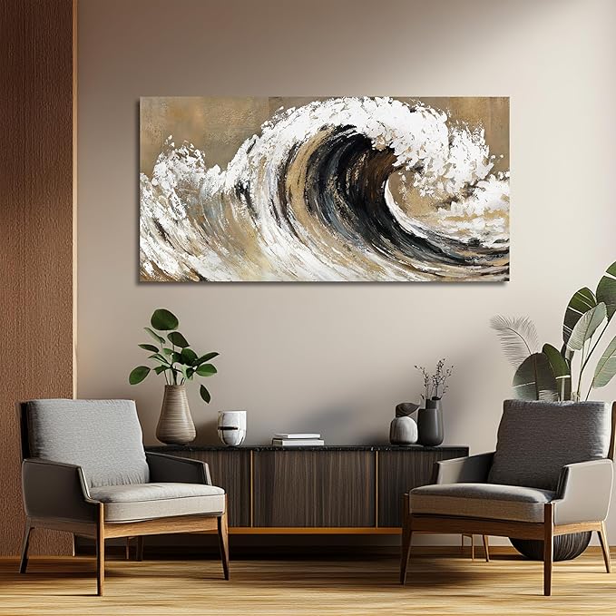 Belmrxne Large Coastal Wall Art Gold and Black Wall Decor Ocean Canvas Painting Textured Wall Painting Aesthetic Artwork for Living Room Bedroom 29x58 Inches