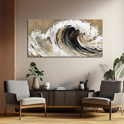Belmrxne Large Coastal Wall Art Gold and Black Wall Decor Ocean Canvas Painting Textured Wall Painting Aesthetic Artwork for Living Room Bedroom 29x58 Inches