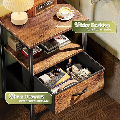 Huuger Night Stand Set 2, Nightstand with 2 Drawers, Bed Side Table with Open Shelf, Wooden Top, End Table, Fabric Drawer, for Bedroom, Rustic Brown