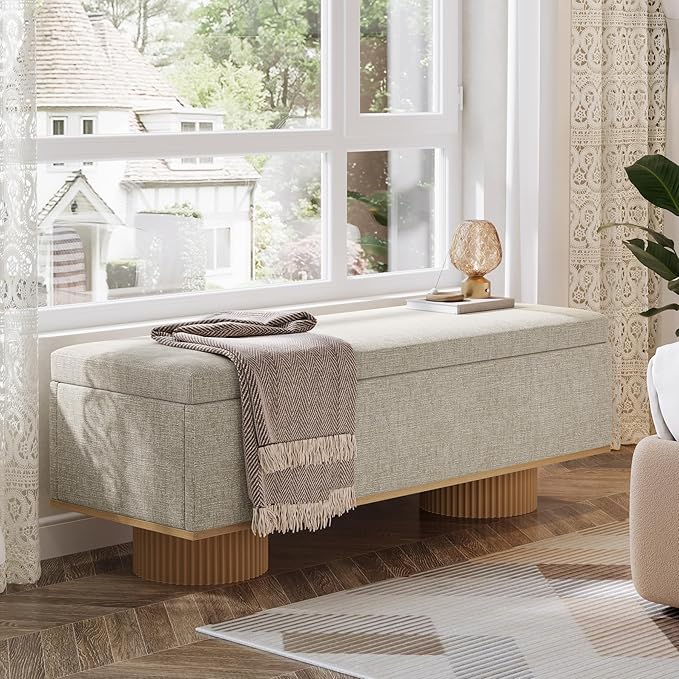 Tribesigns 50.39" Storage Bench with Padded Seat Cushion, Upholstered Shoe Bench with Flip Up Storage for Bedroom, Living Room, Entryway, Load up to 330 lb, Beige + Wood Color