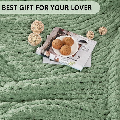 L'AGRATY Chunky Knit Blanket Throw: 72''x84'' Chenille Chunky Knitted Throw Blankets for Bed Couch - Handmade Thick Big Cable Knit Blanket - Large Crochet Blankets for Home Decor(Sage Green)